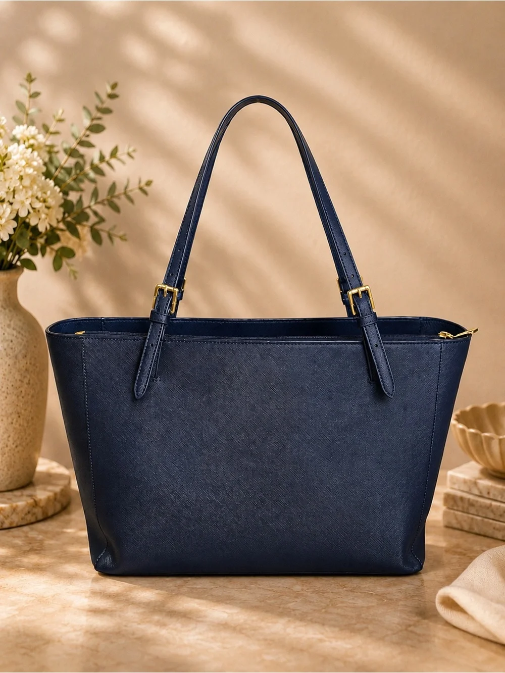 Tory Burch Emerson Large Navy Saffiano Leather Tote NWOT Dust Bag